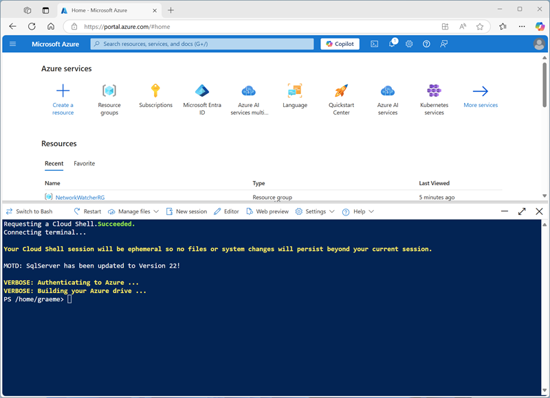 Azure portal with a cloud shell pane